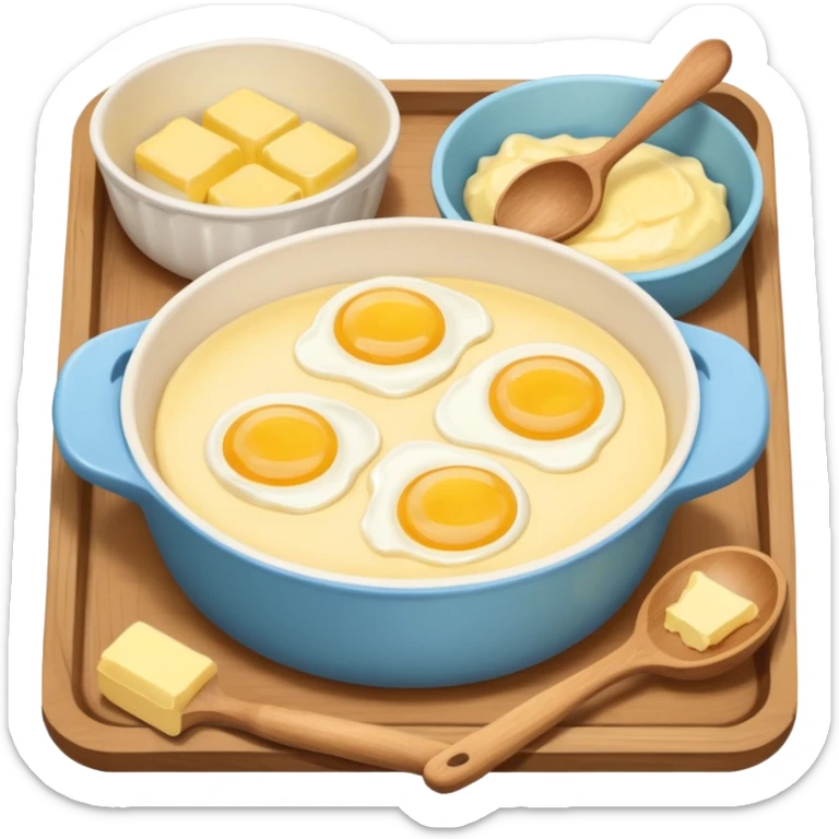 A cream ceramic baking bowl with a wooden spoon in it, a carton of eggs and butter sticker