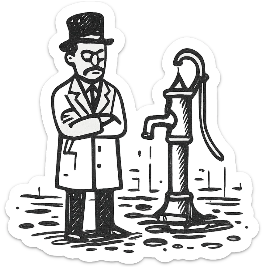 A victorian doctor with a street water pump in a dirty street sticker