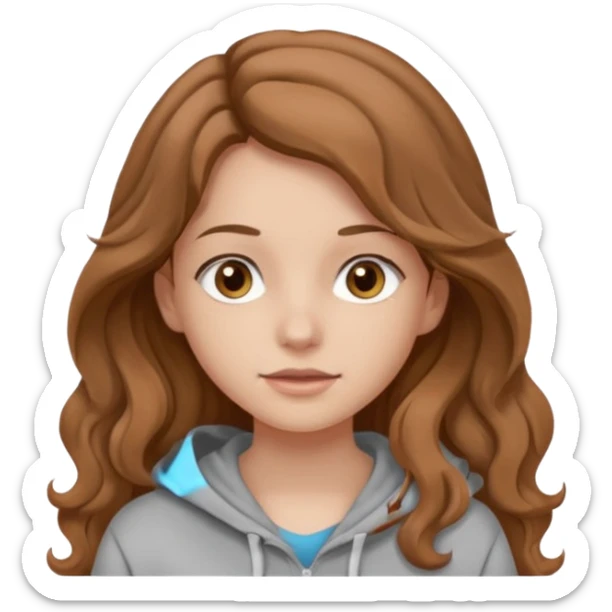 Girl with long and light brown hair and wear hoody and her hai is somethig betwwen curly and stright and her eyes is same color with her hair her skin is white sticker