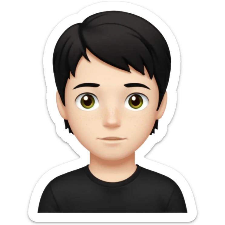 A boy with dark black hair and hazel green and brown eyes and white skin , with freckles and black t shirt with middle part hair hair with a center part sticker