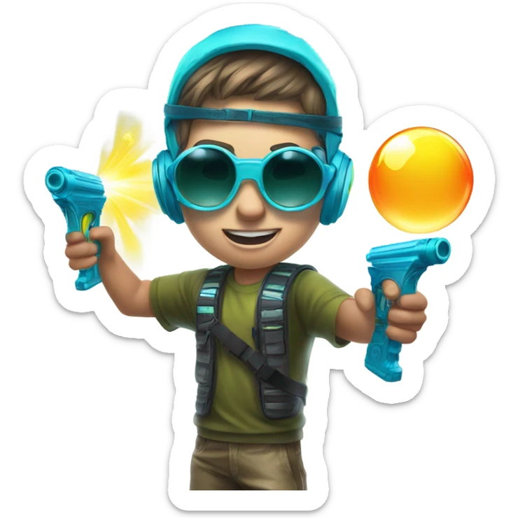 Caucasian boy in glowing rave gear with sunglasses and mask and headlamp and shooting a bubble gun sticker