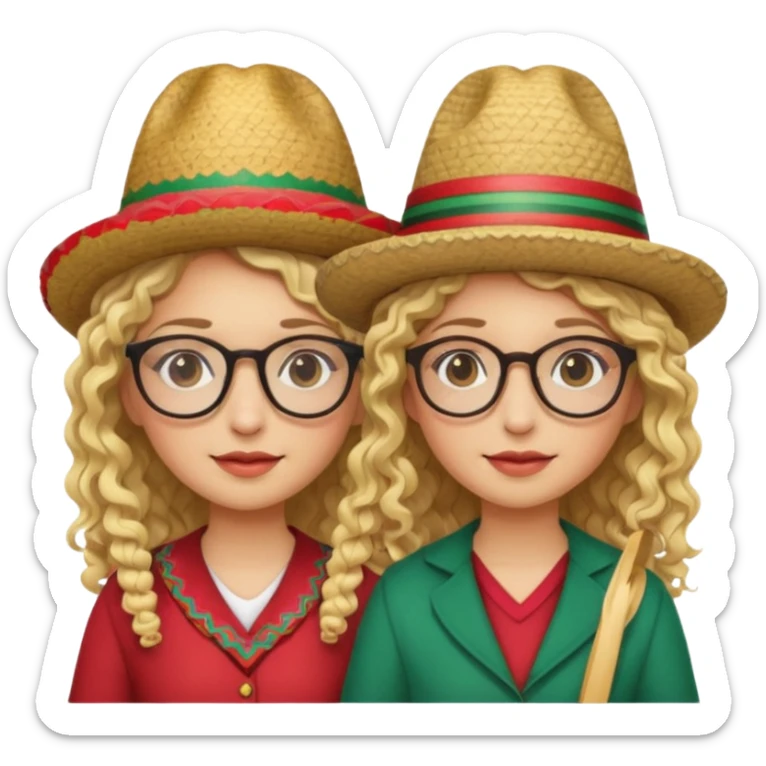 2 blonde girls, one with curly hair and glasses and the other with straight hair and glasses. both wearing Mexican hats sticker