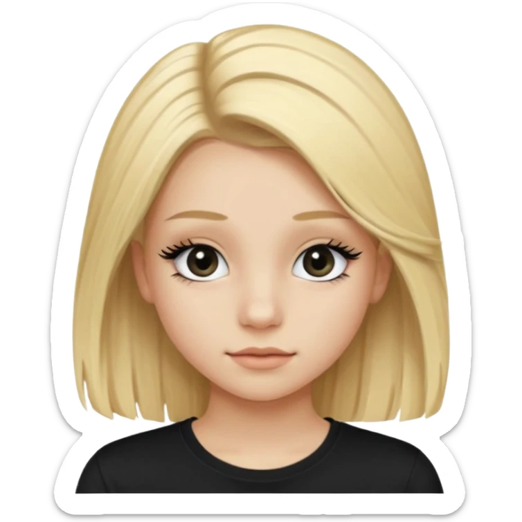 Fille jolie de 15 ans blonde aux cheveux longs avec des faux cils et un t-shirt noir sticker