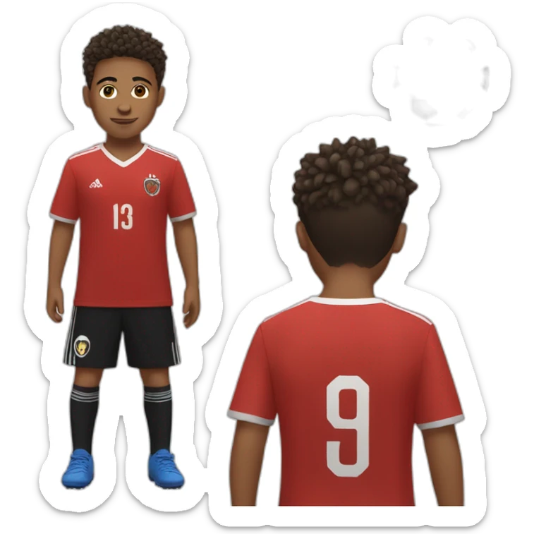 Young brown kid freestyling soccer ball on his head, spike haircut, red shirt, black trousers, soccer ball sticker