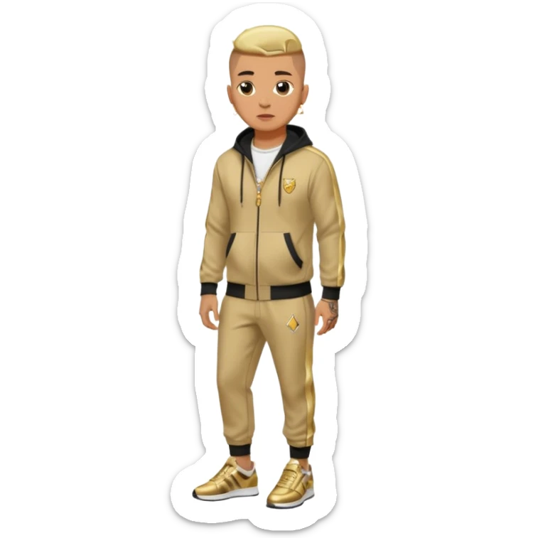 Capelli rasati ai lati con sfumatura, sopra corti e fissati con gel. Look curato e deciso. Indossa tuta firmata (Nike, Adidas, Lacoste, EA7) o jeans skinny, scarpe vistose come Air Force 1. Sempre presenti borsello a tracolla e collana d’oro E tatuaggi d’appertutto a mezzo busto sticker