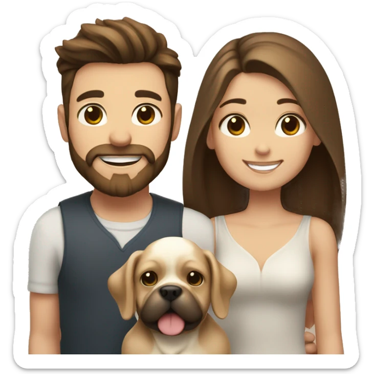 Brunette happy couple boy with beard and girl  with long hair with one cute beige French bull dog  sticker