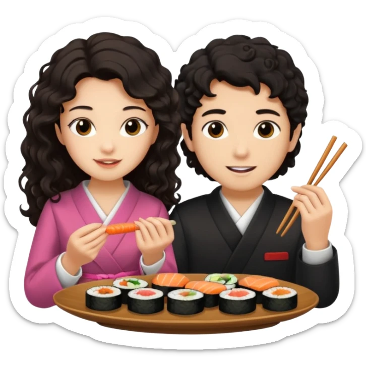 czarnowłosa ksieżniczka w dlugich wlosach je sushi z chłopakiem o czarno brązowych kręconych włosach i są zadowoleni i są nastolatkami i te włosy są lekko krecone sticker
