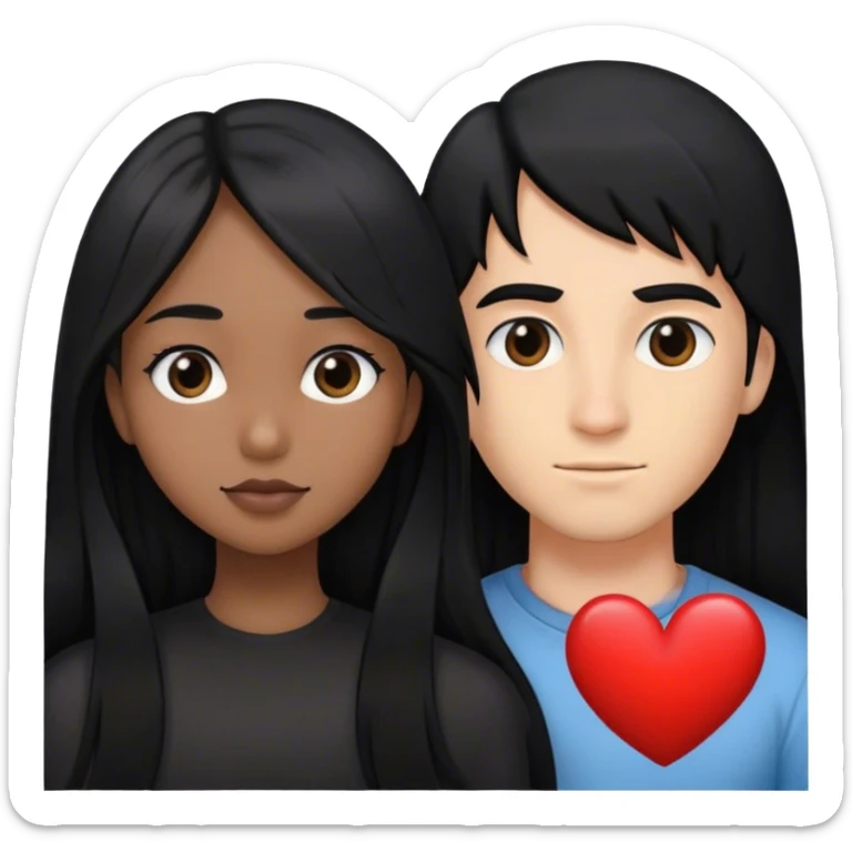 Half face of a girl with black long hair and half face of a man with black hair and in between them a heart sticker