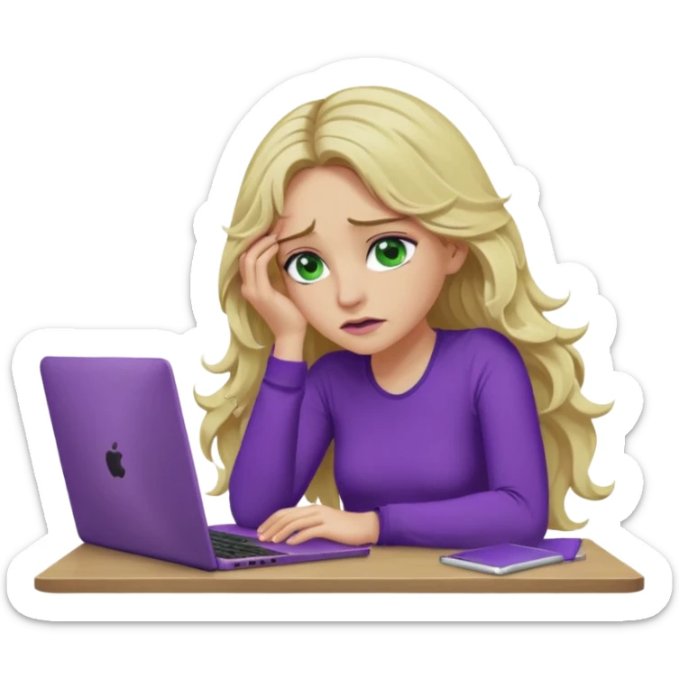 lady with long wavy blonde hair, purple top, green eyes, elbow on desk with hand on face, with a purple mac laptop tears rolling down her face as poorly sticker