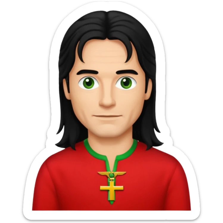 Robert Pilatus, German Singer (1964-1998) with tan skin, long black hair, green eyes, red outfit sticker