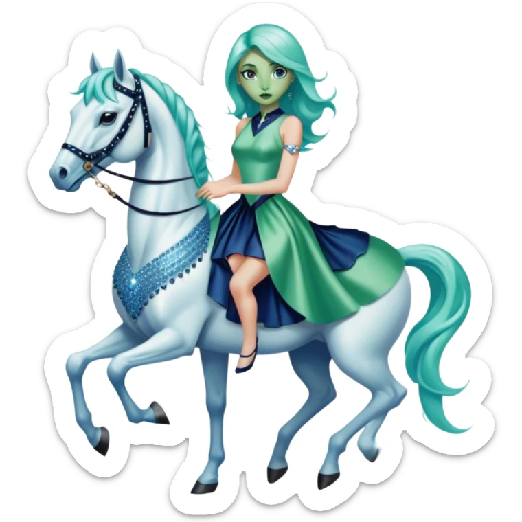 alien reptilian green skin woman, in short slim pastel blue formal party satin dress with gradient shiny sparkling navy blue diamonds embroidered , ride a White horse sticker