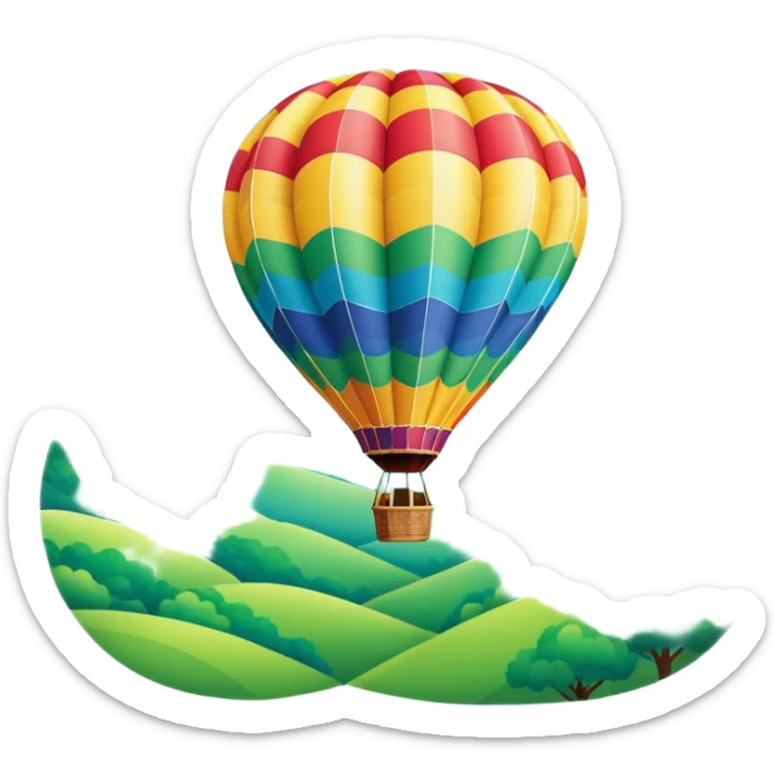 A colorful hot air balloon floating gracefully above the ground, with a clear sky and distant hills in the background. The balloon's vibrant colors stand out against the soft clouds, capturing the peaceful yet adventurous spirit of hot air ballooning. sticker