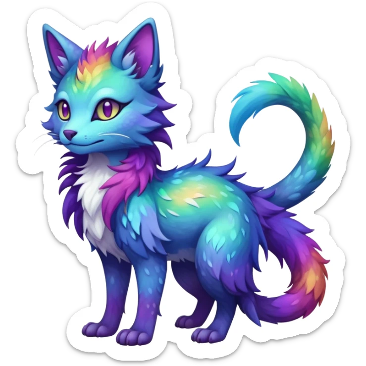 Kawaii dark rainbow iridescent fantasy ethereal feline-vernid-sergal-fursona animal creature with a tufted tail full body with intricate markings sticker