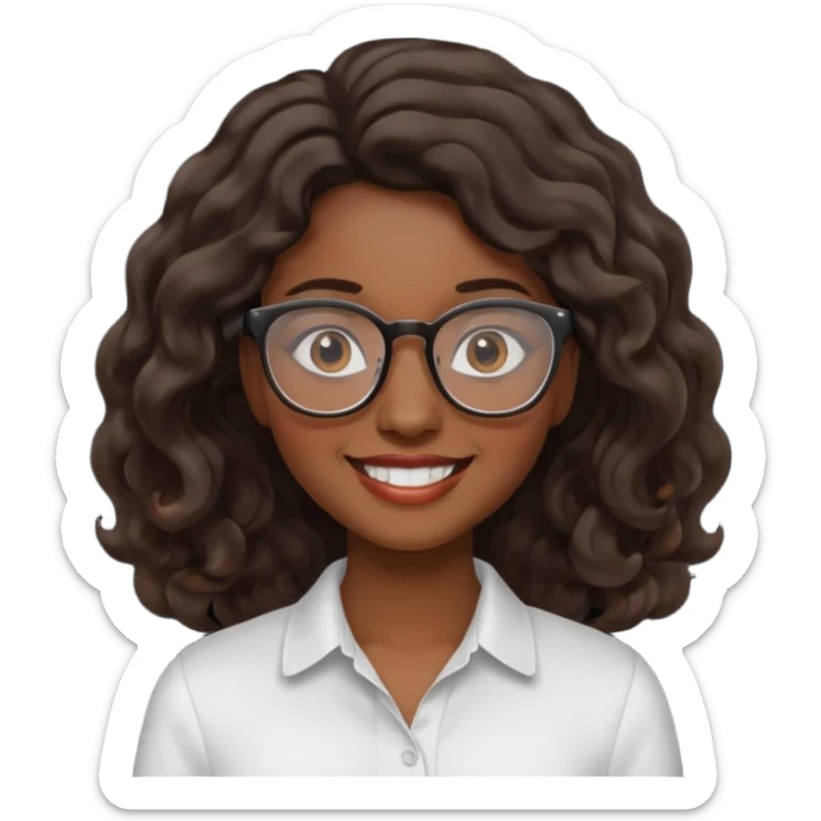 Emoji of a wavy hear dark young woman with glasses and a white shirt smile sticker