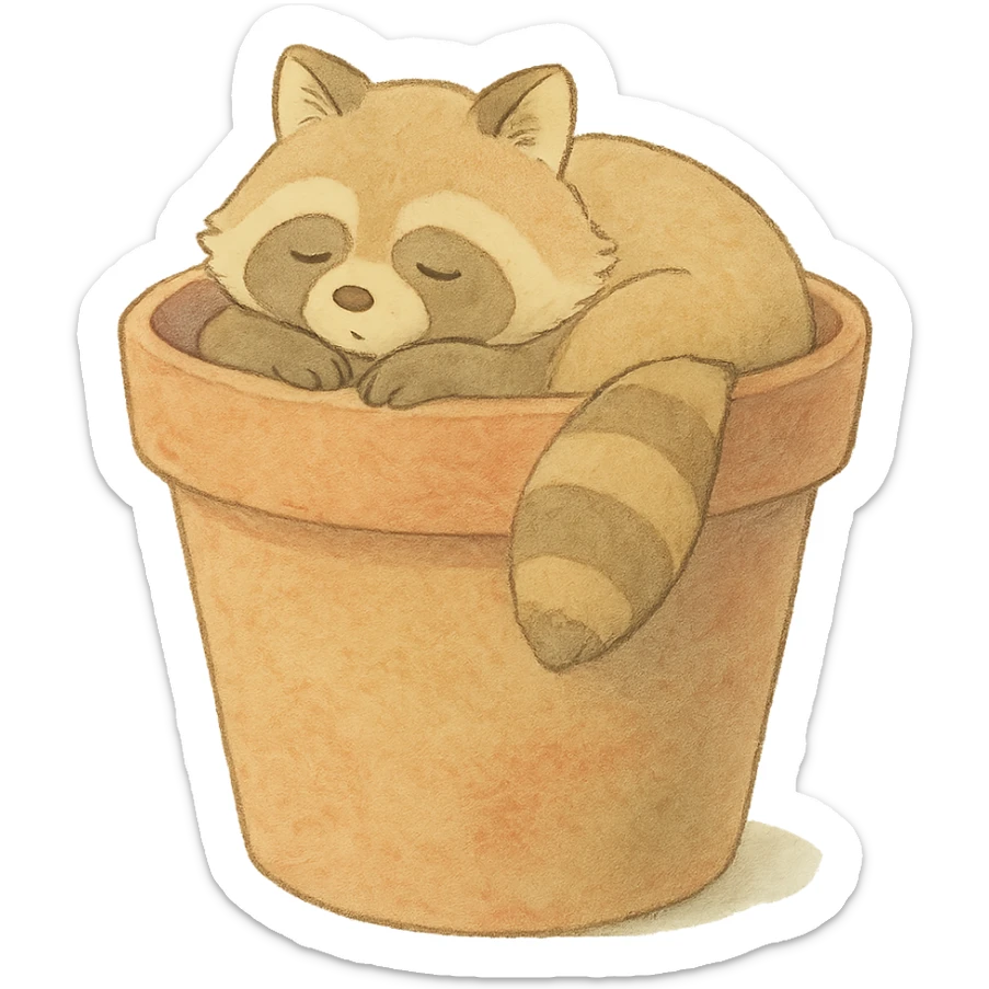 sleepy raccoon inside a flower pot, pastel earthy colors, soft Ghibli style sticker