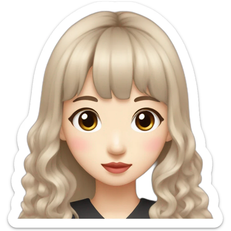 Korean student woman with bangs and wavy long black korean hairstyle, light skin tone, pink lips, black eyes sticker