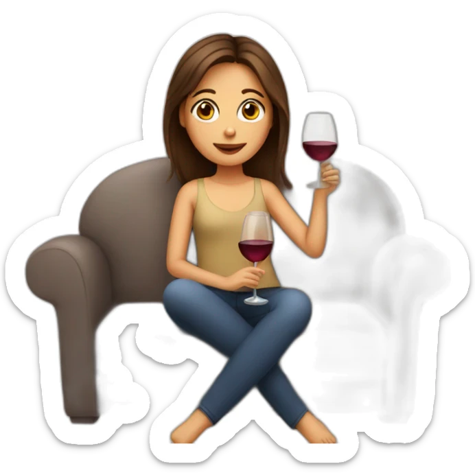 Girl with middle part and brown hair and brown eyes drinking wine sitting on a sofa sticker