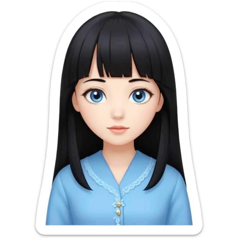 Uma mulher, pele branca, cabelos longos liso preto, franja estilo hime cute, olhos no tom azul celeste, estilo amendoados, cílios delicados longos, usando roupas elegantes sticker