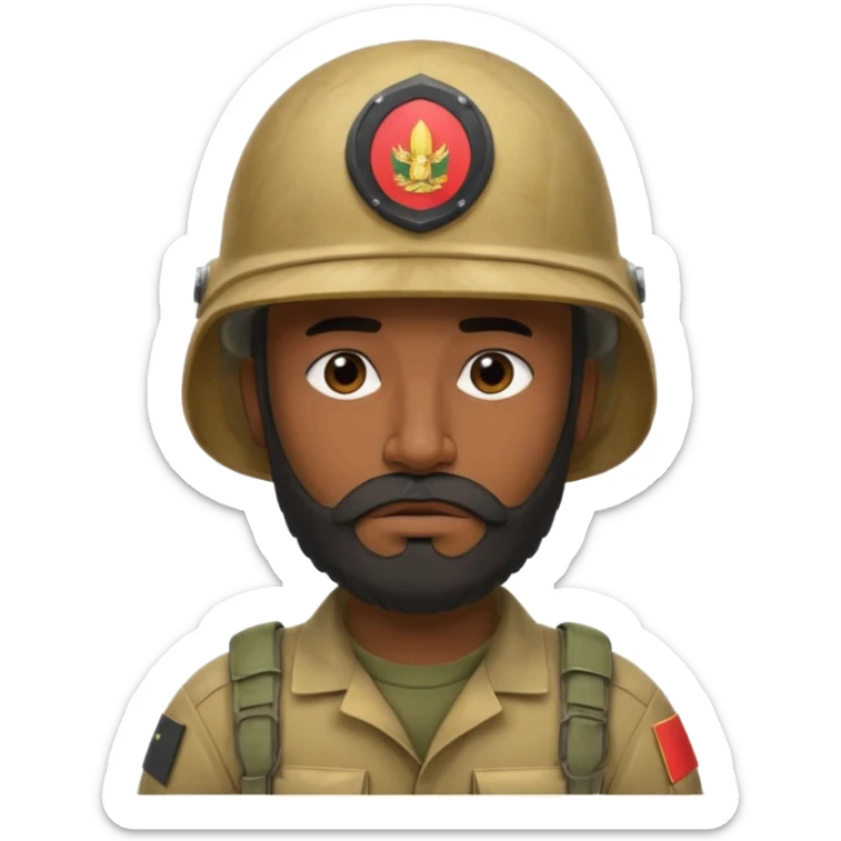 very tired, dark, Iraqi soldier in a helmet, helmet without insignia, with a beard sticker