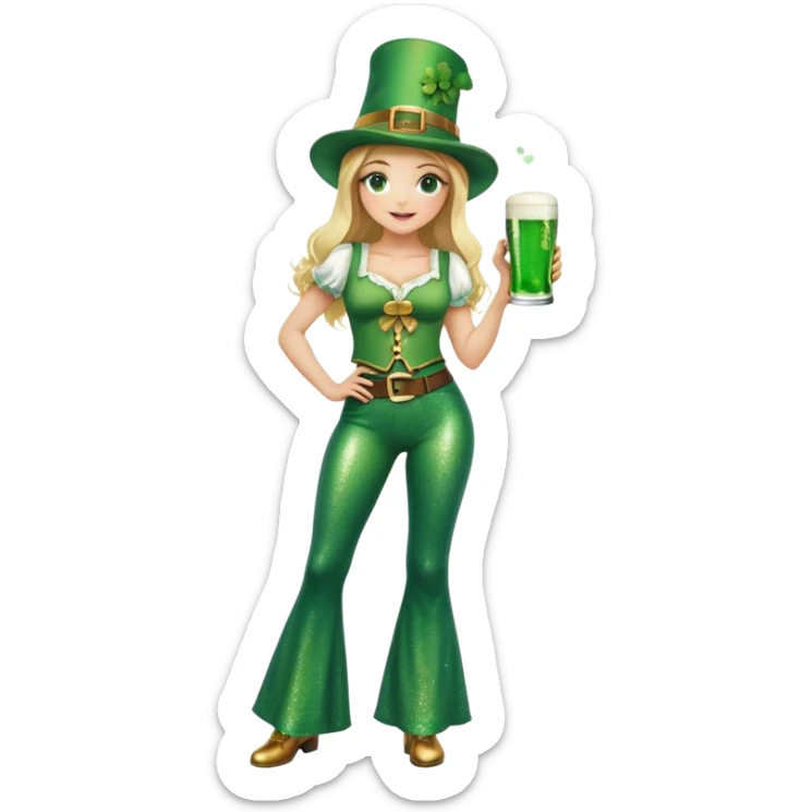 Blonde haired girl in glittery green bell bottoms and tall leprechaun hat holding a green beer sticker