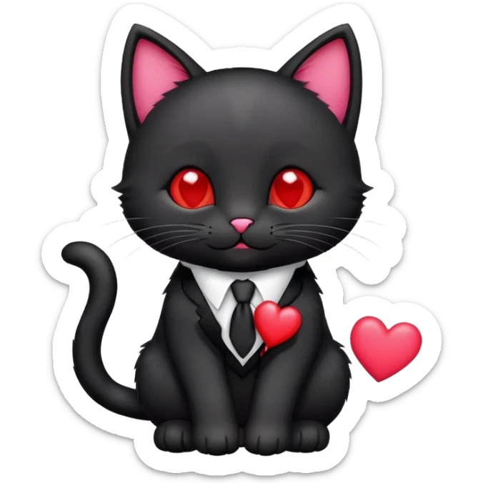 black kitty cat with a tie holding a heart emoji in his paws sticker