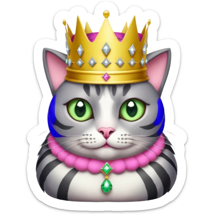 Gatito gris oscura con rayas negras ojos verdes vestida de reina con coronas y diamantes, más peluda y gordita  sticker
