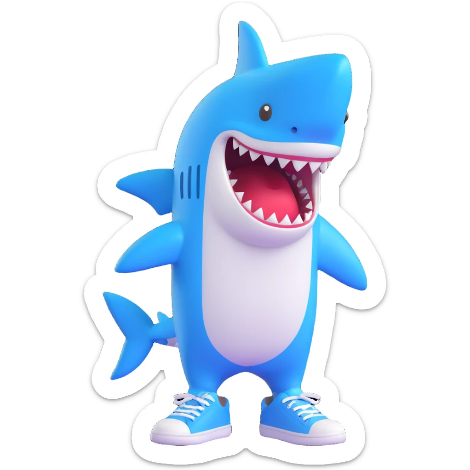 cartoon shark standing upright, wearing blue sneakers, emoji style, transparent background sticker