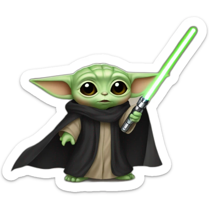 Create a baby Yoda with a lightsaber and a black cape, baby Yoda must be sinister sticker