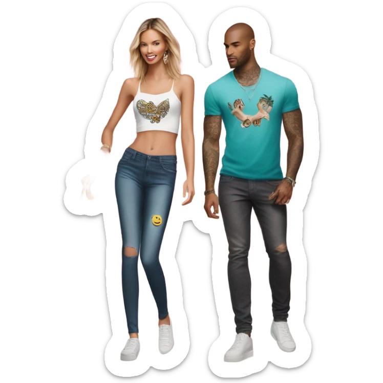 Photo of Victoria secret model shopping with a tattooed male model  sticker