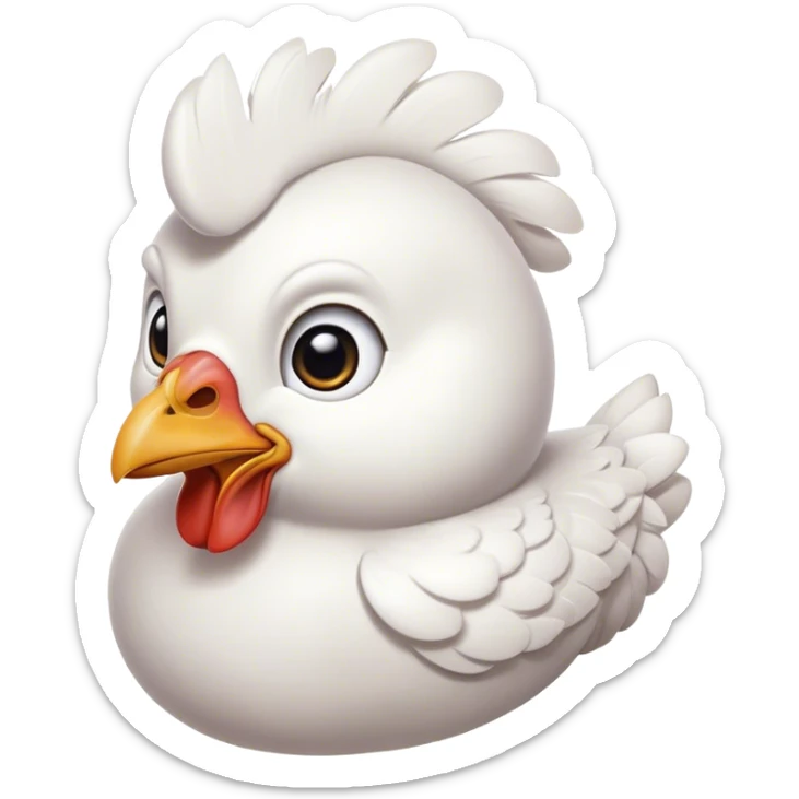 Cinematic Noble White Chicken Portrait Emoji, Poised and regal, with a compact, sturdy build and a pristine, well-groomed pure white plumage, deep-set soulful beady eyes, Simplified yet sharp and sophisticated features, highly detailed, glowing with a soft, dignified glow, high shine, intelligent and alert, stylized with an air of barnyard elegance, focused and attentive, soft glowing outline, capturing the essence of a watchful and confident fowl, so majestic it feels as though it could strut out of the screen with effortless authority! sticker