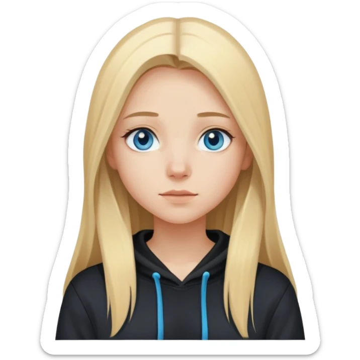 Blonde long straight hair girl with blue eyes and black hoodie  sticker