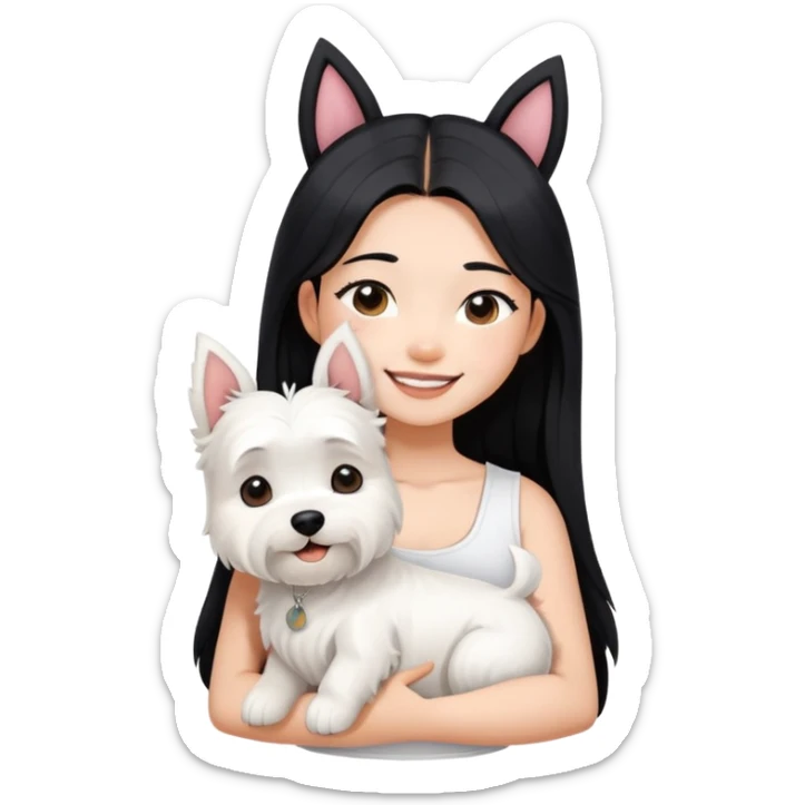 A asain girl with long black hair. She is wearing a white crop top. The girl is smiling and hugging a west highland terrier with big ears  sticker