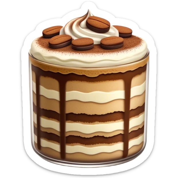 Cinematic Realistic Tiramisu Dessert Emoji, featuring layers of coffee‚Äêsoaked ladyfingers and mascarpone cream dusted with cocoa rendered with delicate textures and warm, inviting lighting. sticker