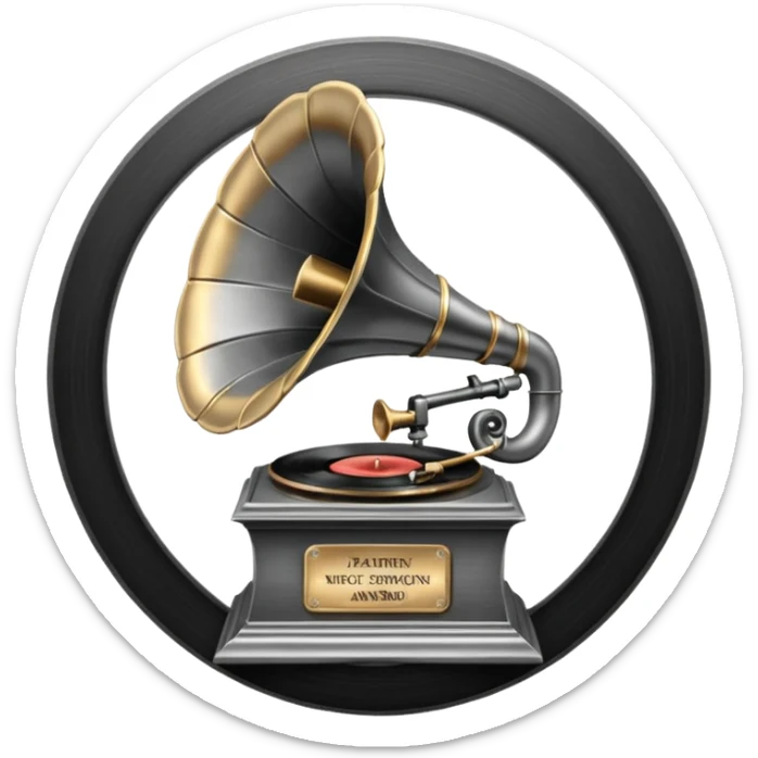 A dark metal platinum music award plaque The center features a relief of a vintage gramophone or stylized vinyl record in a slightly darker metallic tone sticker