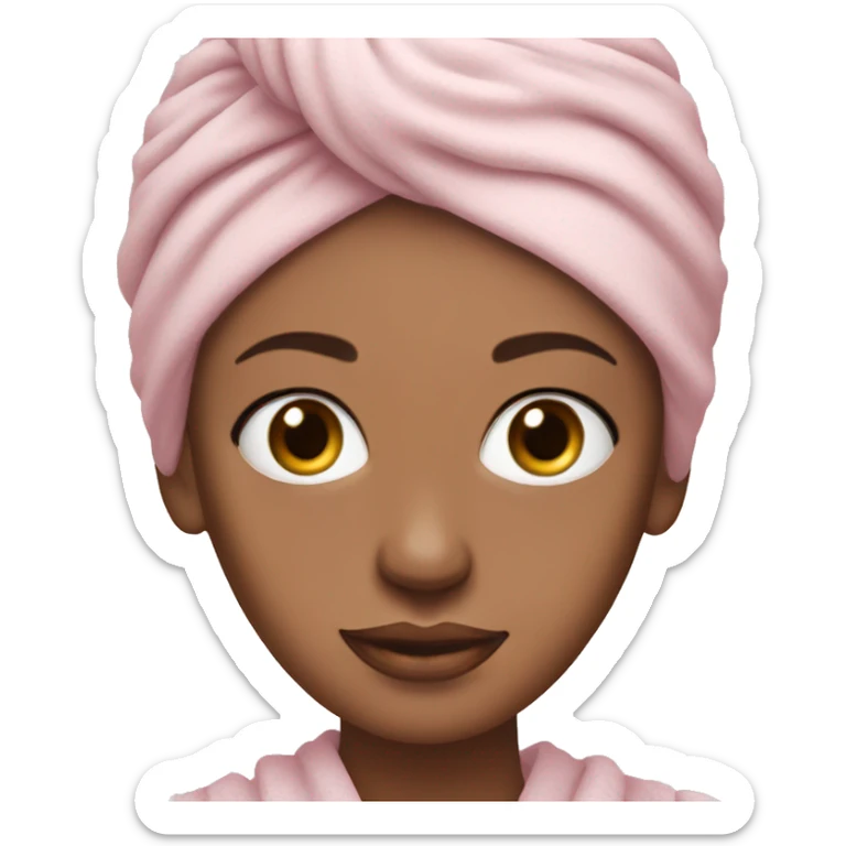 White Woman wearing pale pink towel turban with hazel eyes sticker