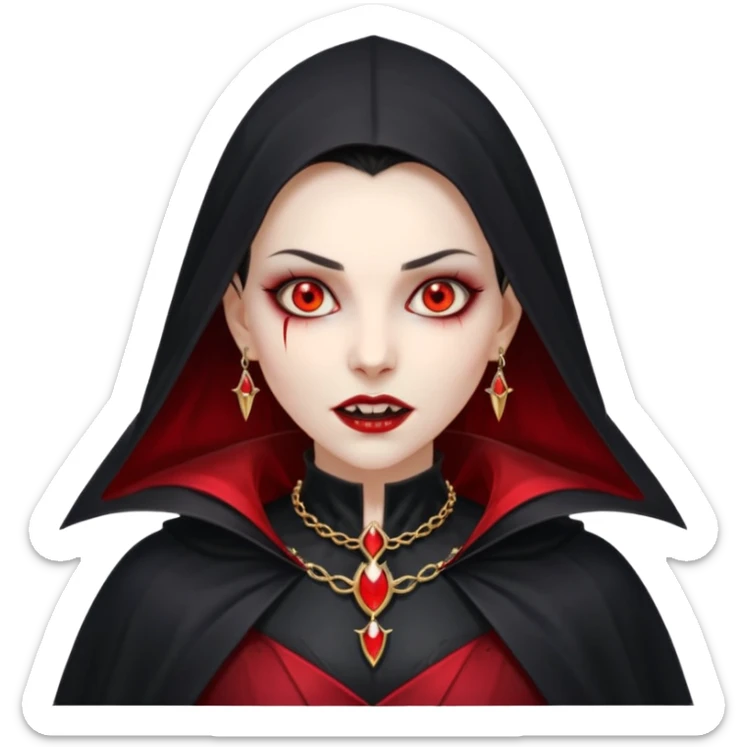vampire village woman portrait, head and shoulders only, dark gothic cloak collar, sharp fangs, red glowing eyes, elegant yet eerie expression, subtle jewelry, 3D cartoon, mobile game icon style, clean background, no text, no watermark sticker