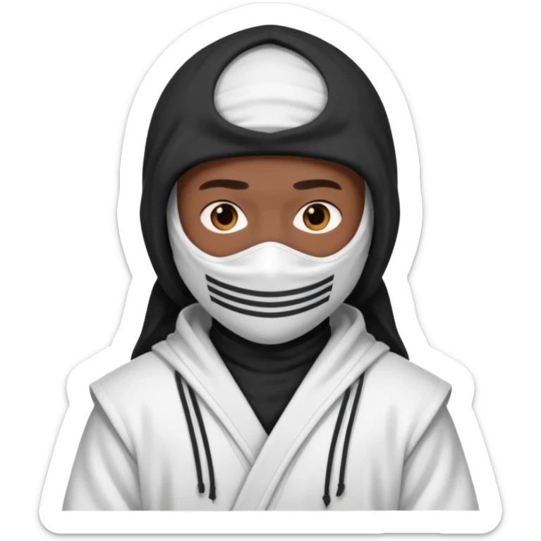 All white ninja robe with white ski mask to cover face and neck with a hoodie on and dark brown skin color sticker