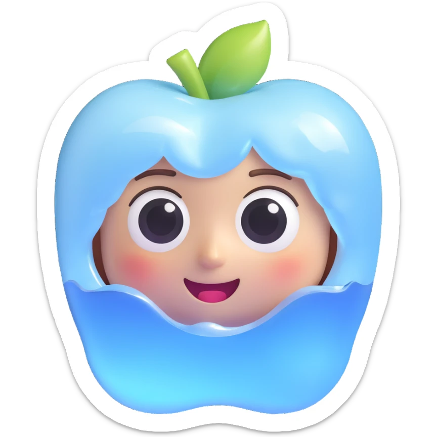 Cute Apple Memoji iceberg emoji, 3D, glossy icy finish, white and pale blue, rounded, shiny, big expressive eyes, tiny smile, floating in ocean, Pixar-style, soft shadows, minimal and adorable sticker