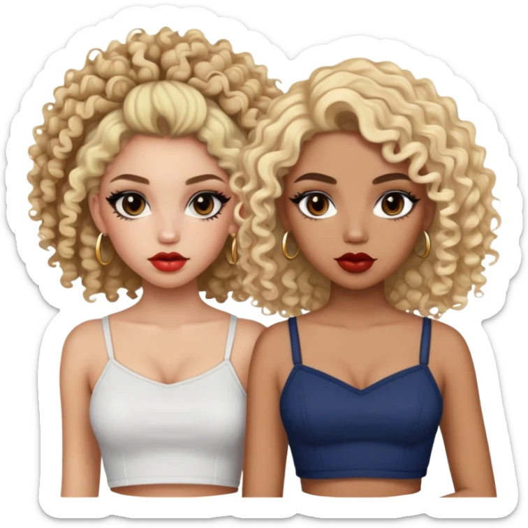 Two teenage girls together, one white with blonde hair and one brown-skinned with curly dark hair, both with heavy makeup, big lips, crop tops and choni style clothing sticker