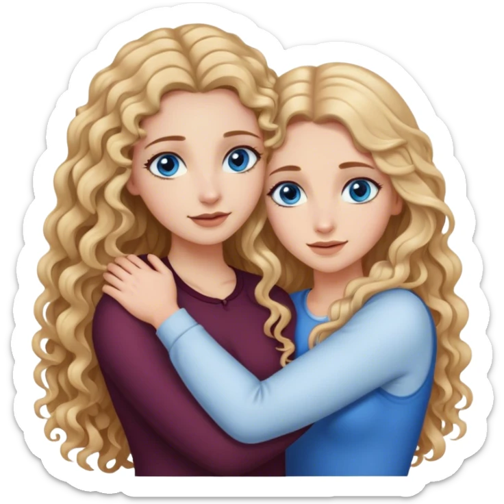 beautiful woman with long curly blonde hair and blue eyes, hugging beautiful woman with long straight brown hair and brown eyes sticker