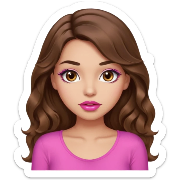girl with long wavy brown hair, brown eyes, light to medium complexion, in a pink sexy top, pink lips, long lashes, puckered lips, what ever sticker