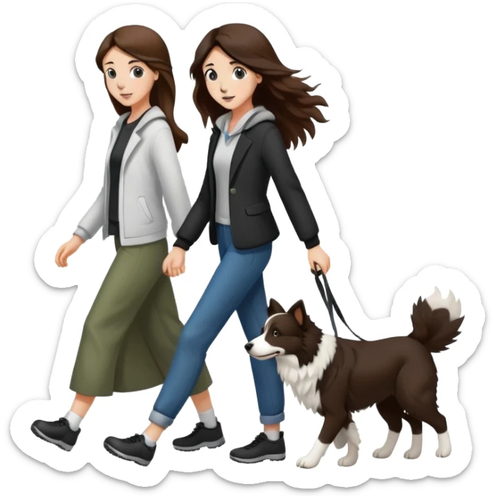 A beautiful girl with long brown hair walks a black and white Border Collie sticker