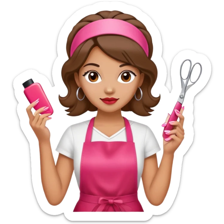 Woman with hair styled in headband, wearing red apron, holding pink nail polish in one hand and scissors in other hand, beauty salon worker sticker