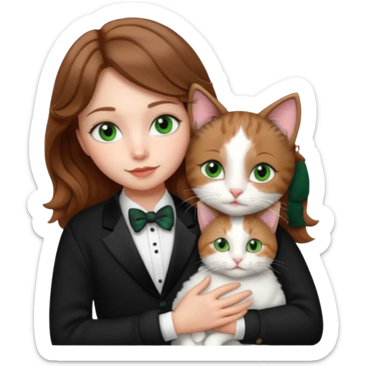 A pretty white girl with hazel brown eyes and brown wavy hair in a cosy white knit sweater, hugging a black and whitebtuxedo cat with green eyes sticker