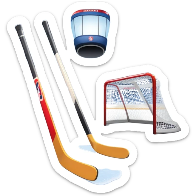 Please, make An icon showing a close-up of a hockey stick, puck, skates, and hockey net placed on the ice. The background features a packed stadium with bright lights, cheering fans, and snowy scenery outside. Transparent background highlights the key elements of the game. sticker