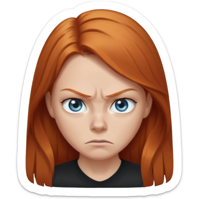 Ginger head woman with long hair and lightblue eyes, straight nose, almond eyes, black shirt. She is angry  sticker