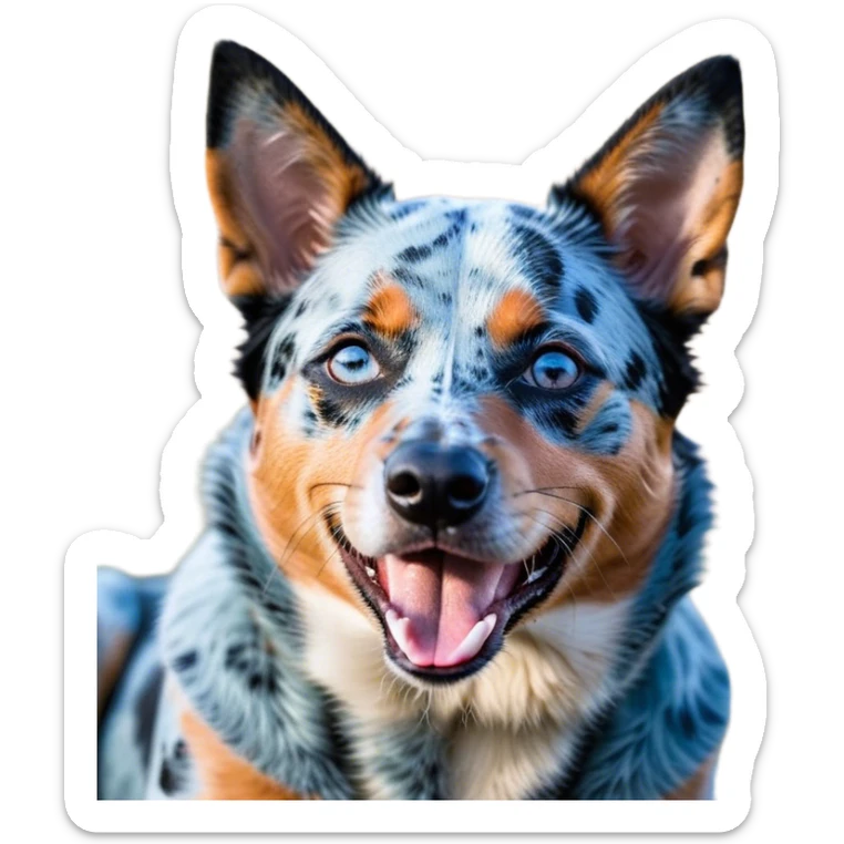 Cinematic Cute Yawning Blue Speckle Australian Cattle Dog Portrait Emoji, Head tilted slightly with a dramatic, wide-open yawn, showcasing a sleek blue speckle Fur with distinct markings, floppy ears slightly drooping, round blue eyes barely open in drowsy contentment, Simplified yet irresistibly adorable features, highly detailed, glowing with a soft, cozy glow, high shine, relaxed yet expressive, stylized with a touch of whimsy, bright and endearing, soft glowing outline, capturing the essence of a sleepy yet affectionate herder, so drowsy it feels like it could stretch out of the screen and curl up for a nap! sticker