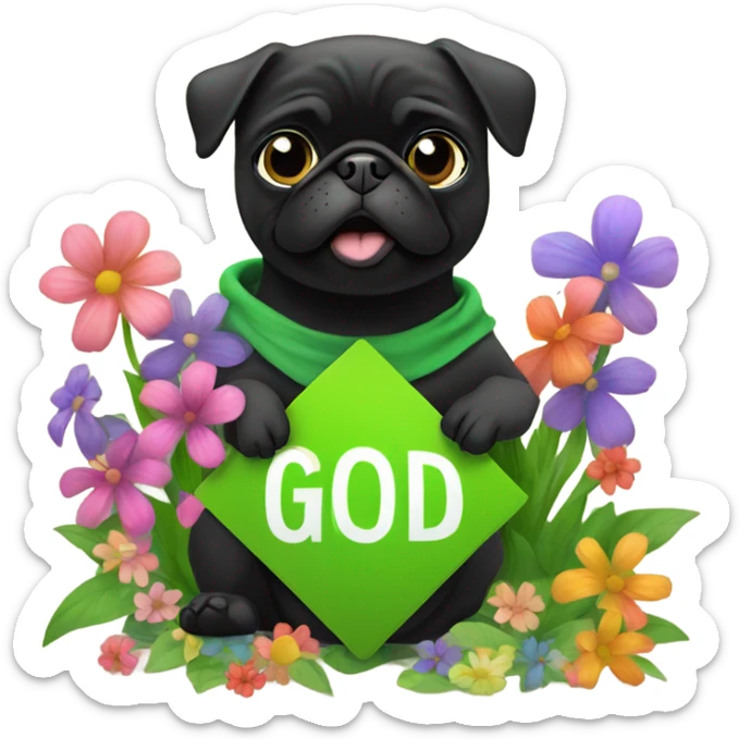 Black pug , surrounded by flowers, holding a green sign that says “good luck”  sticker