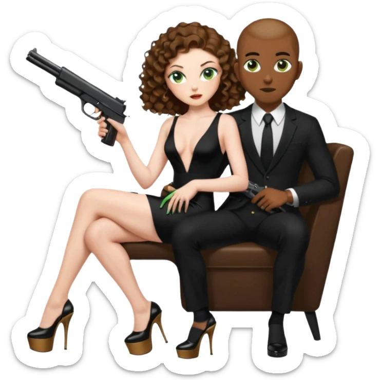 Sensual woman green eyes woman only brown long curly hair evil,with 7 inch platform stripper high heels long low cut black dress,and a gun, she is sitting on a buzz cut hair brown man's pimp lap, holdingwomans butt man is wearing a black suit sticker