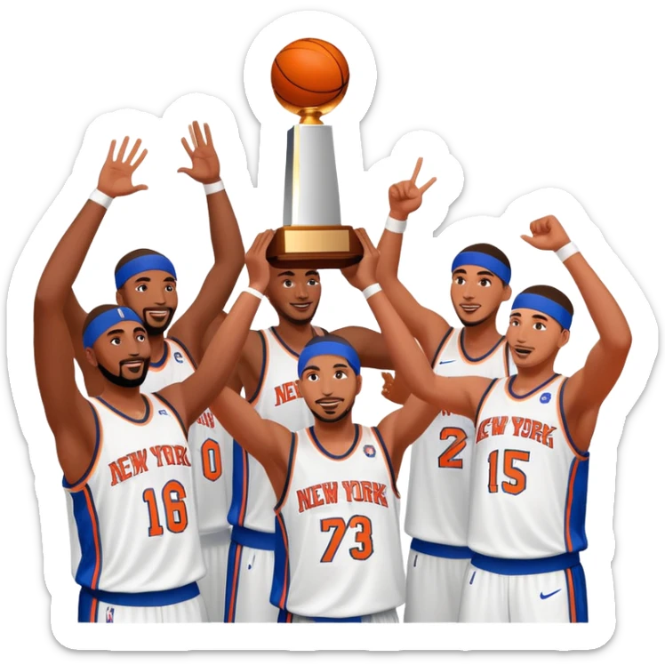 New York Knicks basketball team winning NBA championship trophy, celebration, blue and orange colors sticker